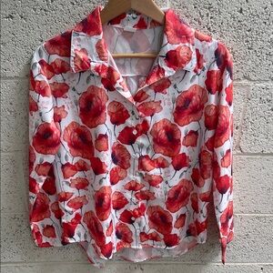Womens Red Poppy Print Button-Front Blouse